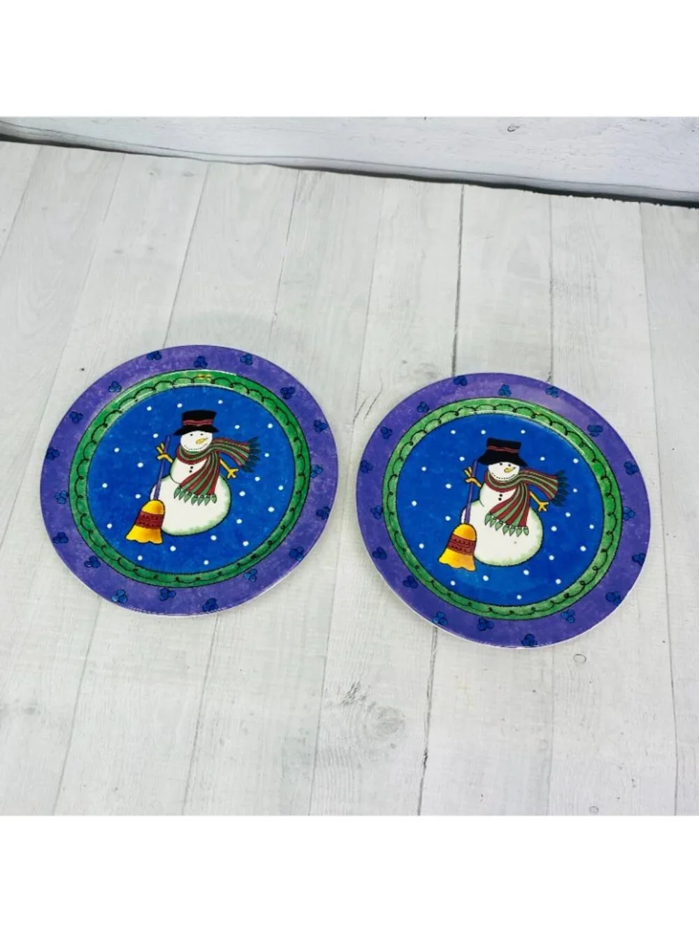 Sango Sue Zipkin SWEET SHOPPE CHRISTMAS Purple Snowman Salad Lunch Plates Set 4